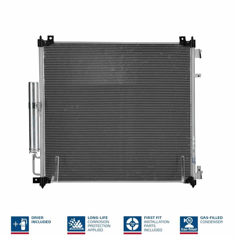 A/C condensator (met droger, (EN) additional fitting elements) past: LAND ROVER DEFENDER, DISCOVERY V, RANGE ROVER IV, RANGE ROVER SPORT II 3.0-5.0 08.12-