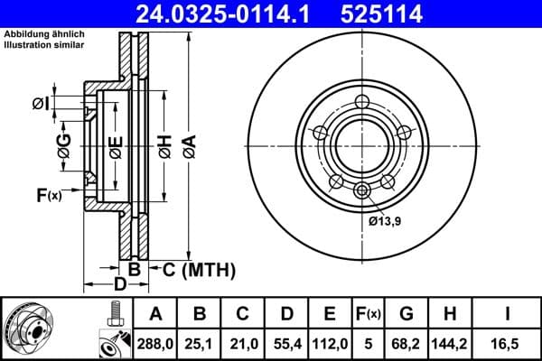 Brake disc, 1pcs, ATE PowerDisc, Geventileerd, Cut, Voor   Links/Rechts, buitendiameter 288 mm, dikte 25,1 mm, past: FORD GALAXY I  SEAT ALHAMBRA  VW SHARAN 1.8-2.8 03.95-03.10