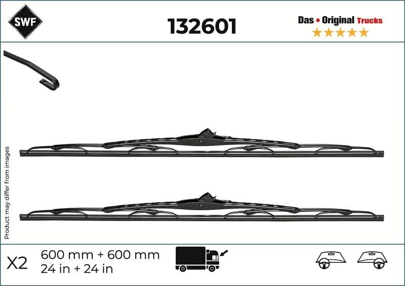Wisserblad draaibaar Voor (2pcs) Truck 600mm past: IVECO DAILY II, DAILY III, DAILY IV, DAILY V  RVI MASCOTT, D, MIDLUM  NISSAN INTERSTAR  OPEL MOVANO A  RENAULT MASTER II, MASTER PRO 12.97-