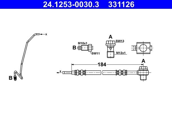 Remleiding/slang flexibel Achter Links (lengte 184mm, M10x1/M10x1) past: AUDI A6 C5  SKODA SUPERB I  VW PASSAT B5, PASSAT B5.5 1.6-3.7 08.96-03.08