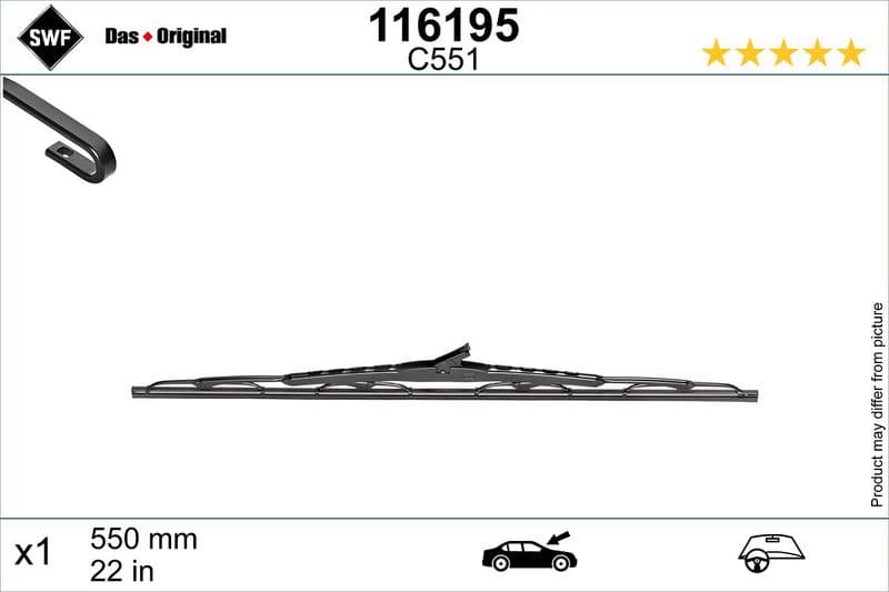 Wisserblad draaibaar (1pcs) 550mm past: MERCEDES A (W168), CITAN MIXTO (DOUBLE CABIN), CITAN (MPV), CITAN/MINIVAN (W415), E (W213), M (W163), SLK (R170), SPRINTER 2-T (B901, B902) 07.86-