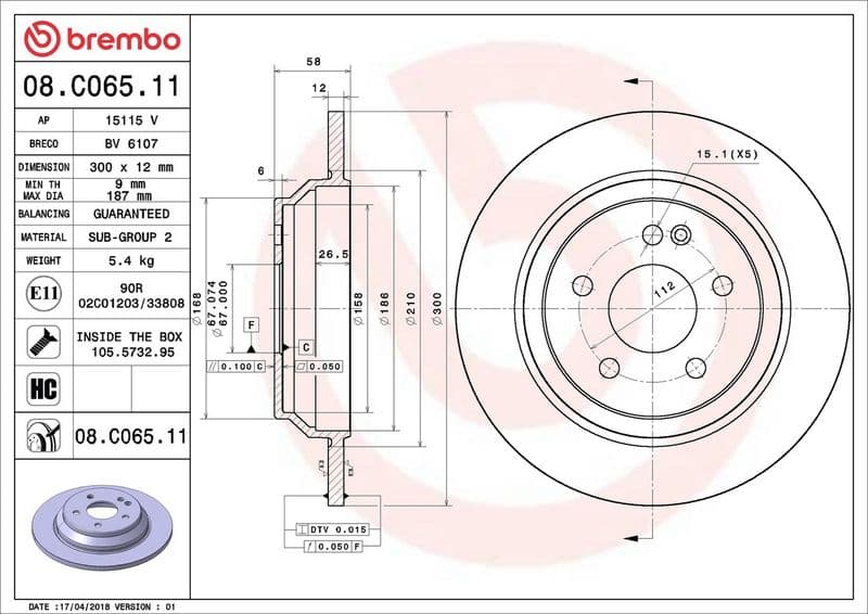 Brake disc Achter Links/Rechts past: MERCEDES EQV (W447), MARCO POLO CAMPER (W447), V (W447), VITO (W447), VITO MIXTO (DOUBLE CABIN), VITO TOURER (W447)  BMW 5 (G60, G90 1.6D-Electric 03.14-