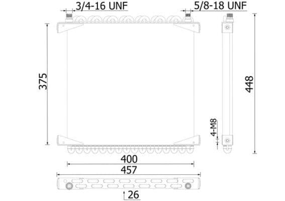 A/C condensator 375x400x26 past: FENDT 303 LS FARMER, 303 LSA FARMER, 304 LS FARMER, 304 LSA FARMER, 304 S FARMER, 305 LS FARMER, 305 LSA FARMER, 306 LS FARMER, 306 LSA FARMER, 307 A FARMER