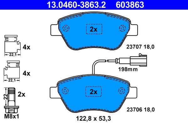 Remblokken set Voor (met extra's  met remklauw geleidingsbouten), past: ABARTH 500 / 595 / 695  ALFA ROMEO MITO  CITROEN E-MEHARI, NEMO  FIAT 500, 500 C, FIORINO, GRANDE PUNTO 0.9-Electric 06.05-