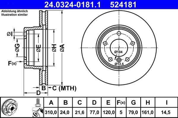 Brake disc, 1pcs, ATE PowerDisc, Geventileerd, Cut, Voor   Links/Rechts, buitendiameter 310 mm, dikte 24 mm, past: BMW 5 (E60), 5 (E61) 2.0-3.0 07.03-12.10