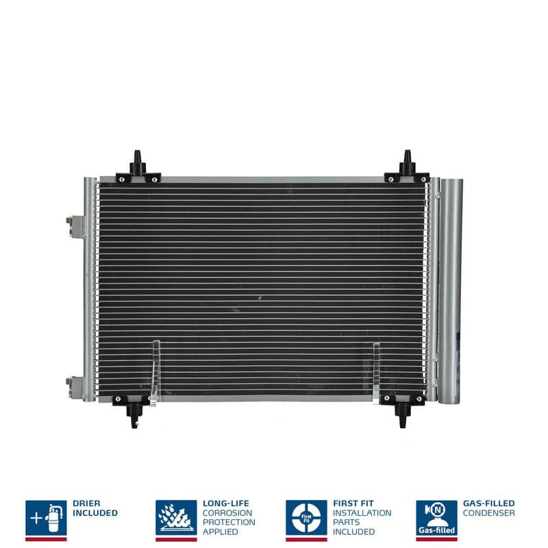 A/C condensator (met droger, (EN) additional fitting elements) past: CITROEN BERLINGO, BERLINGO MULTISPACE, C4, C4 GRAND PICASSO I, C4 I, C4 PICASSO I  PEUGEOT 307, 308 I, PARTNER 1.4-2.0D 08.00-