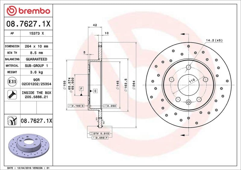 Brake disc, BREMBO Xtra, 1pcs, Drilled, Achter   Links/Rechts, buitendiameter 264 mm, dikte 10 mm, past: CHEVROLET ASTRA, ZAFIRA  OPEL ASTRA G, ASTRA G CLASSIC, ASTRA H 1.2-2.2D 02.98-