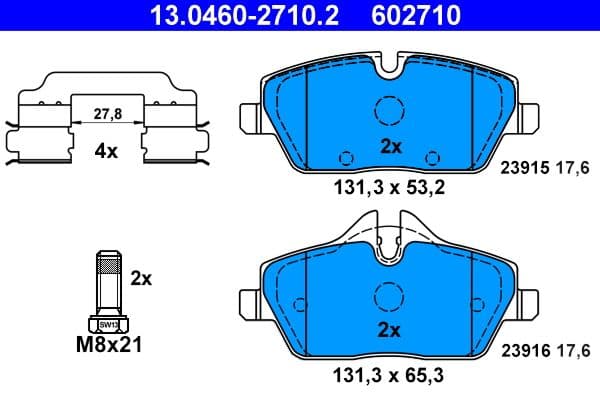 Remblokken set Voor (met extra's  met remklauw geleidingsbouten), past: BMW 1 (E81), 1 (E82), 1 (E87), 1 (E88), 2 (F45)  MINI (F55), (F56), (F57), (R56), (R57), (R58), (R59) 1.2-2.0D 06.04-