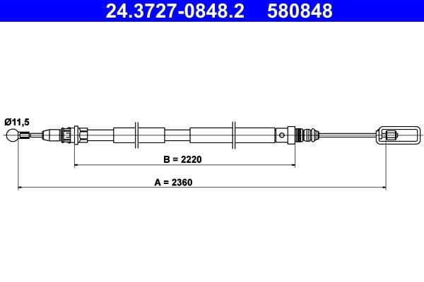 Handremkabel Achter Rechts (2360mm) past: CITROEN C8  FIAT ULYSSE  LANCIA PHEDRA  PEUGEOT 807 2.0-3.0 06.02-