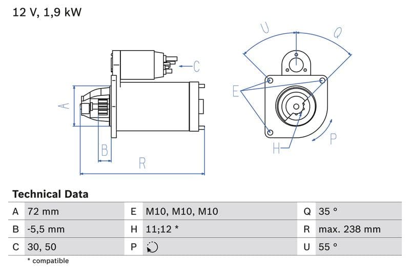 Starter (12V, 1,9kW, gereviseerd) past: DS DS 4, DS 5  CITROEN C4, C4 GRAND PICASSO I, C4 GRAND PICASSO II, C4 I, C4 II, C4 PICASSO I, C4 PICASSO II, C4 SPACETOURER, C5 I, C5 II 1.6-3.0D 01.96-