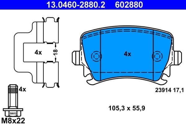 Remblokken set Achter (met extra's  met remklauw geleidingsbouten  voor ongeventileerde schijven), past: AUDI A3, A4 B6, A4 B7, A6 ALLROAD C6, A6 C6, Q3, TT  SEAT ALHAMBRA 1.2-Electric 02.98-12.22