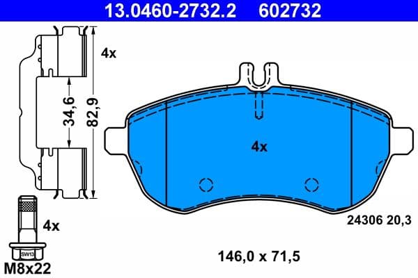 Remblokken set Voor (met extra's  met remklauw geleidingsbouten), past: MERCEDES C (C204), C T-MODEL (S204), C (W204), E (A207), E (C207), E T-MODEL (S212), E (W212), SLC (R172) 1.6-3.0 01.07-