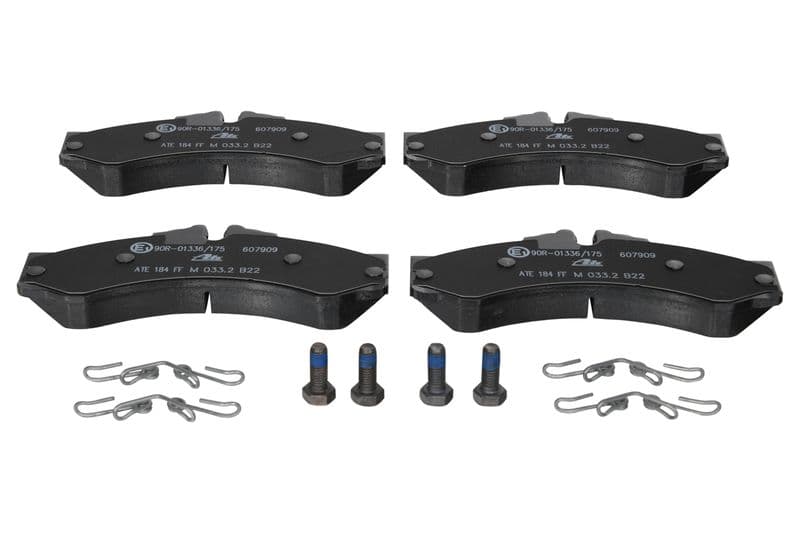 Remblokken set Achter/Voor (met extra's  met remklauw geleidingsbouten), past: MERCEDES SPRINTER 2-T (B901, B902), SPRINTER 3,5-T (B909), SPRINTER 3-T (B903), SPRINTER 4 2.1D-4.3D 11.75-