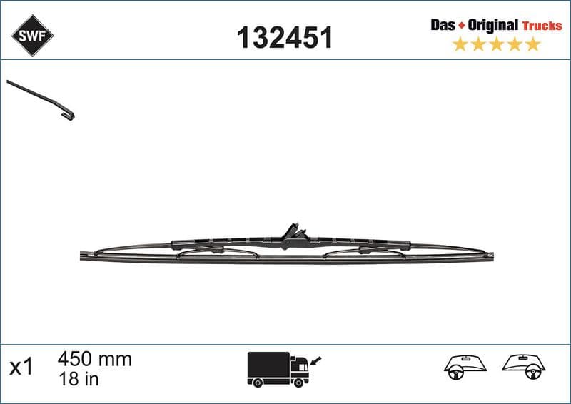 Wisserblad draaibaar Voor (1pcs) Truck 450mm past: IVECO M, ZETA  MITSUBISHI CANTER V (FE3, FE4, FB3, FB4), CANTER VI (FE5, FE6, FB5, FB6)  STEYR 691 01.79-