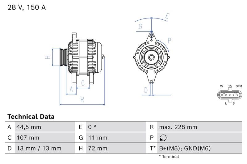 Dynamo (28V, 150A, gereviseerd) past: VOLVO 9700, 9900, B11, FH, FH II, FH16, FH16 II, FM, FM II, FMX, FMX II, FMX III D11A-370-D16K750 01.03-